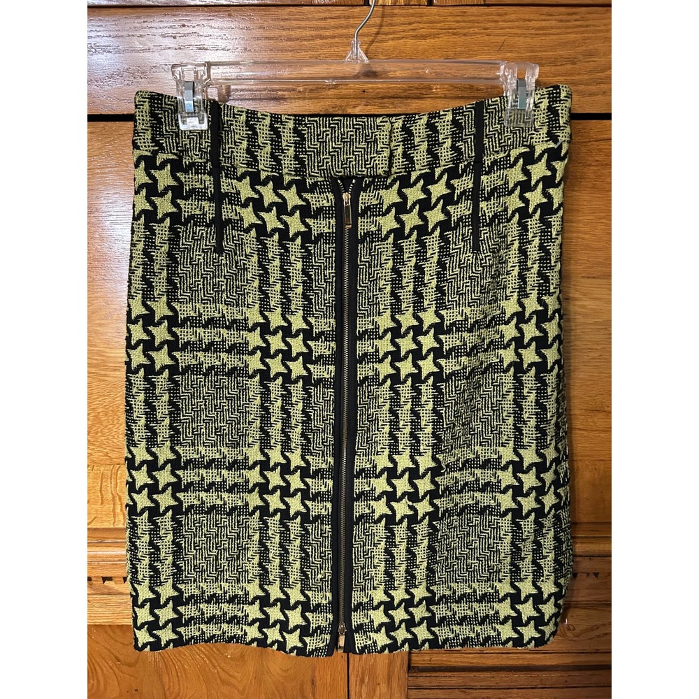 Carlisle Preppy Pencil Skirt Chartreuse Yellow Black Houndstooth Tweed Zip Front